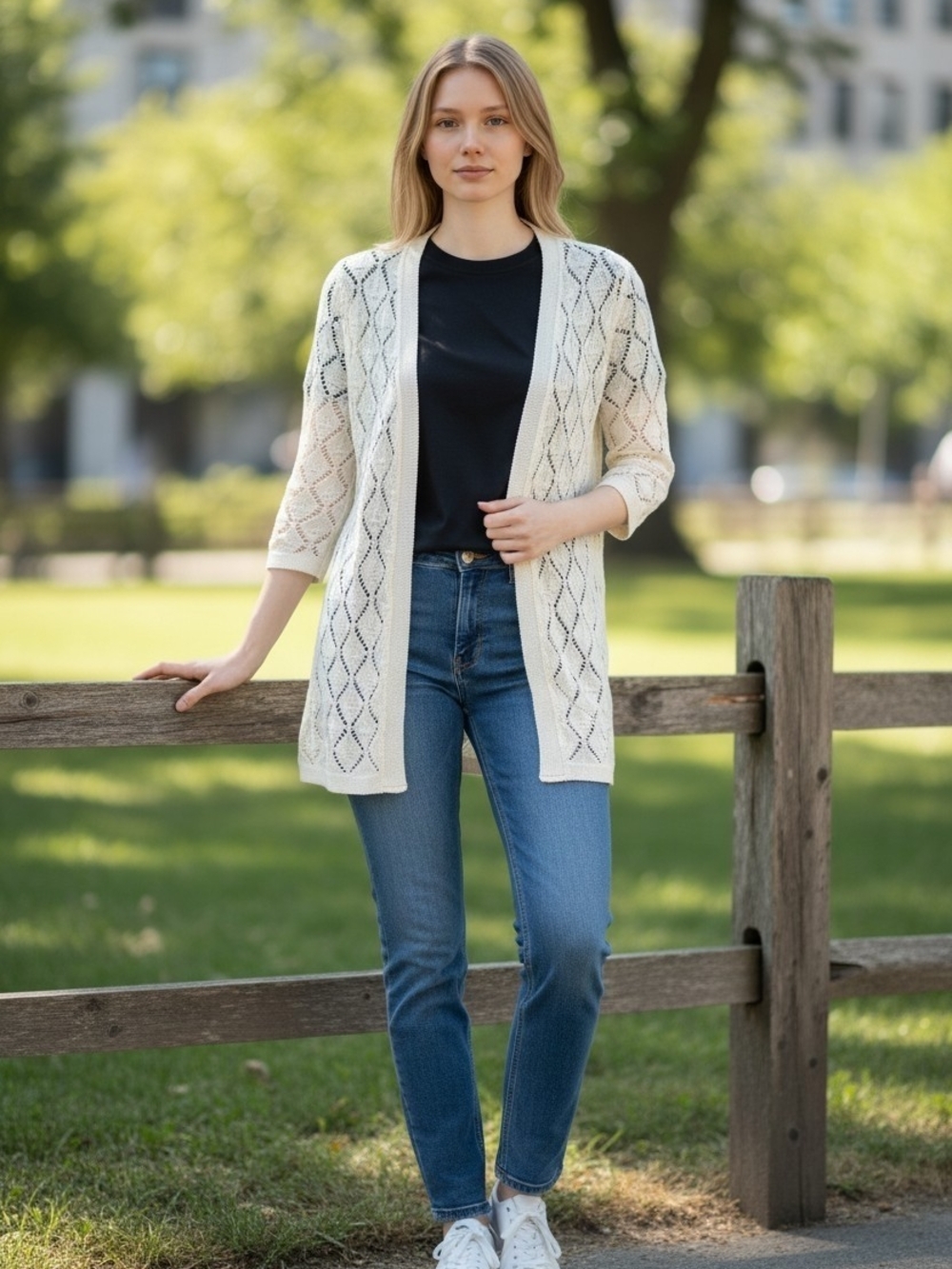 NY Collection Open-Weave Cream Cardigan